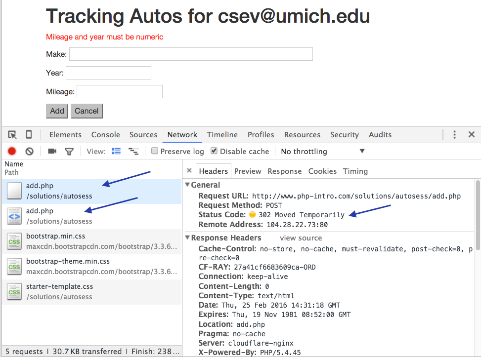 Image of a POST-Redirect pattern in the developer console