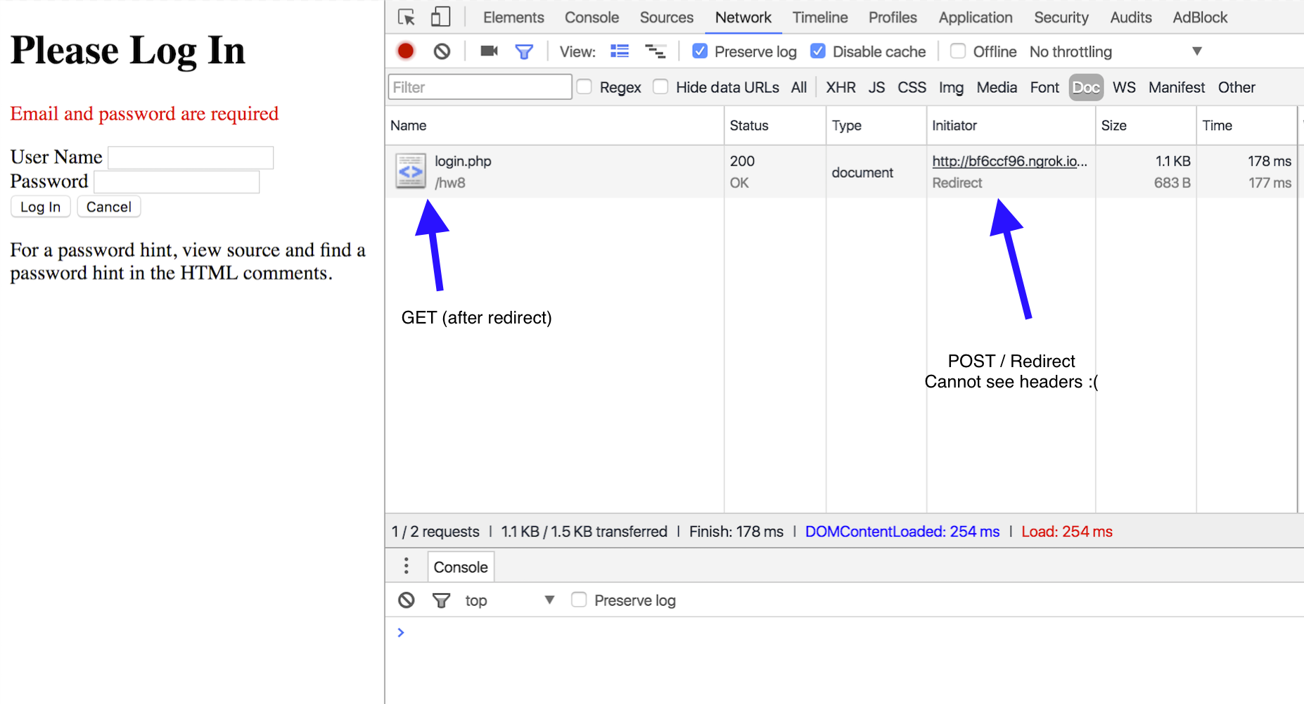 Image of a POST-Redirect pattern in the developer console